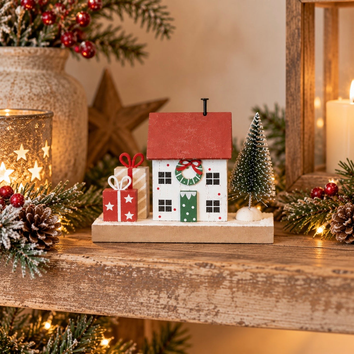 Wooden House With Tree and Presents | 9.5cm
