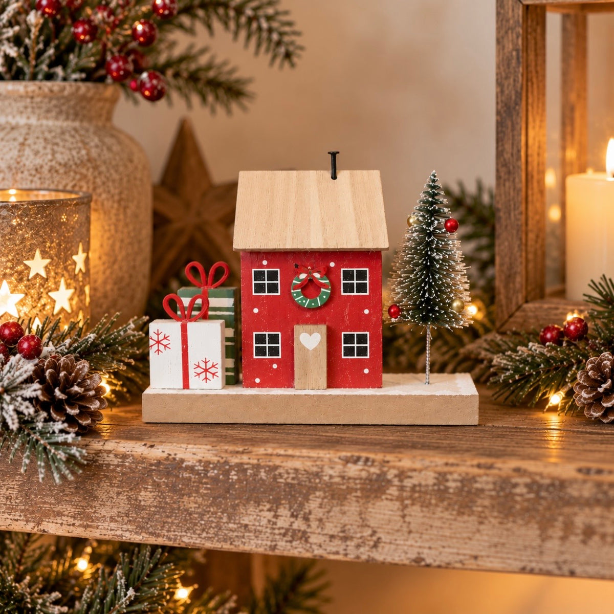 Wooden House With Tree And Presents | 12.5cm