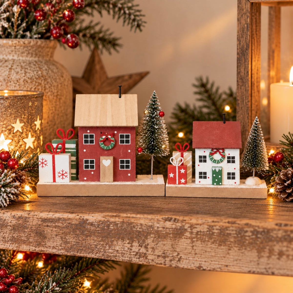 Wooden House With Tree And Presents | 12.5cm
