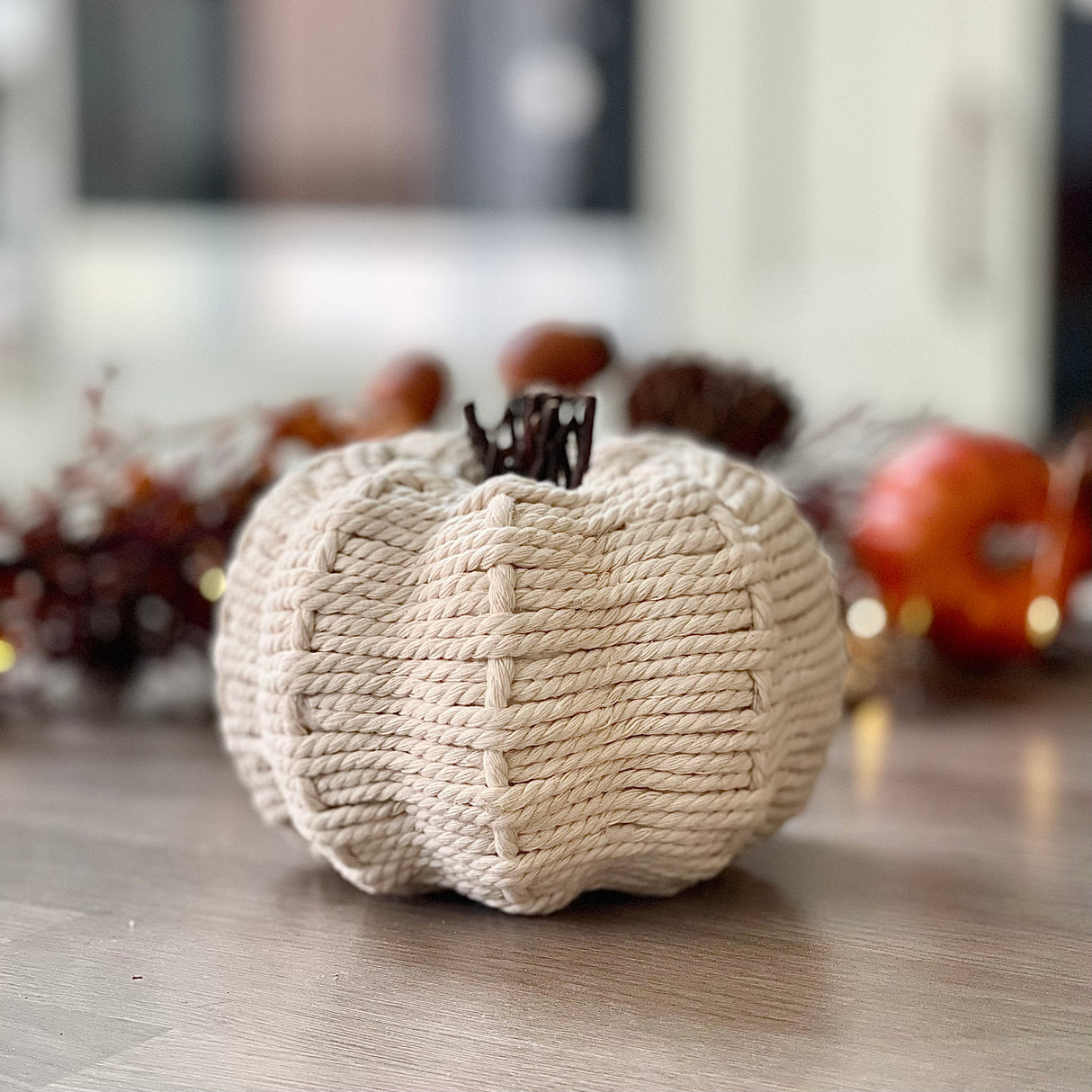 Cream Rope Pumpkin with Wooden Stalk