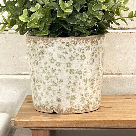 Green Distressed Floral Plant Pot