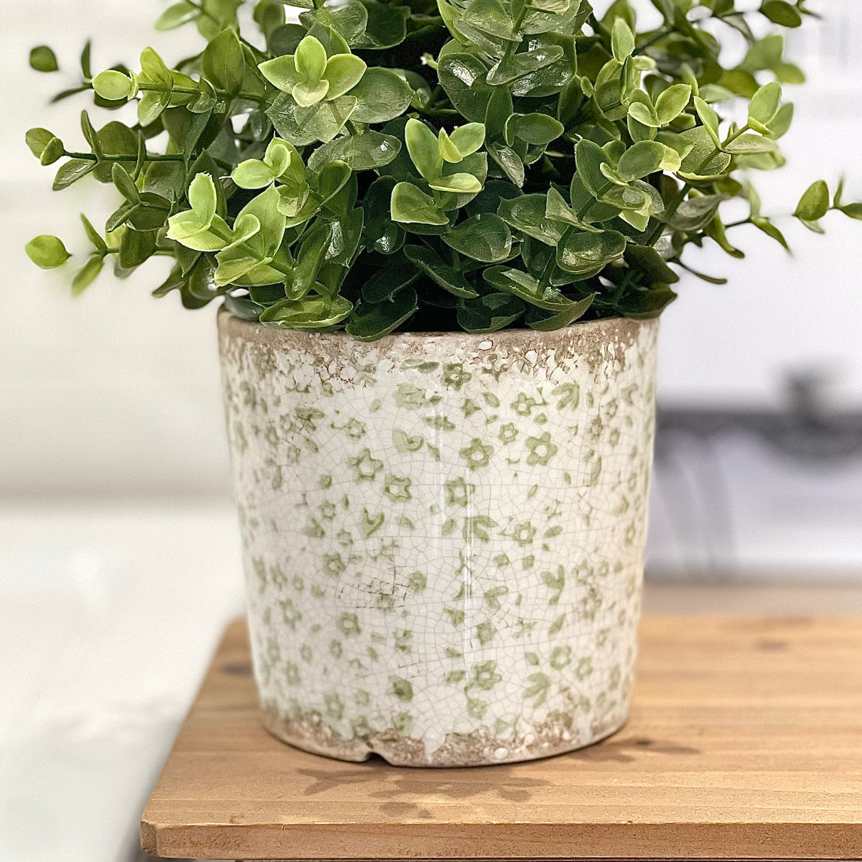 Green Distressed Floral Plant Pot