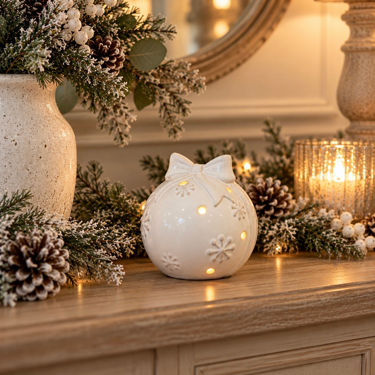 Glazed Ceramic LED Bauble with Bow | 9.5cm