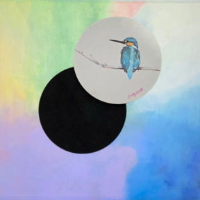 Painting of a blue bird on a branch with a colorful abstract background
